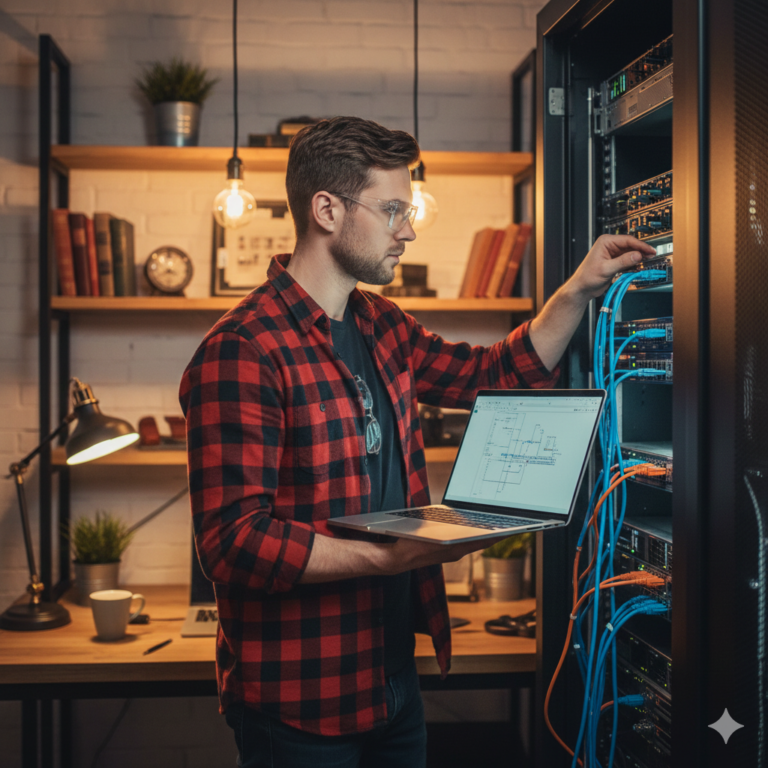 A male IT technician wearing glasses and a red plaid flannel shirt adjusts Ethernet cables on a server rack while holding a laptop, inside a small business with warm lighting and a rustic interior, representing local IT support services in Marquette County.